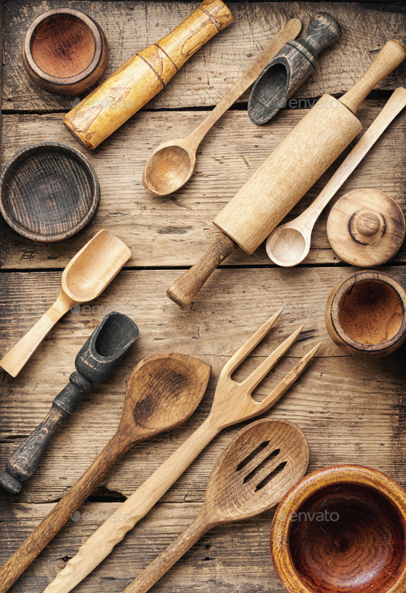 Wooden utensils laying on table